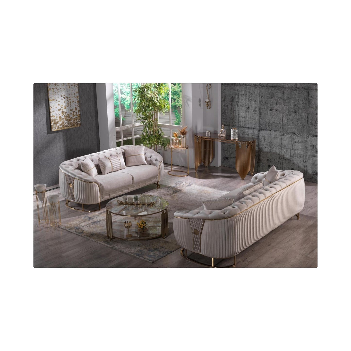 L131 Modern Tufted Cream Livingroom with Gold Legs