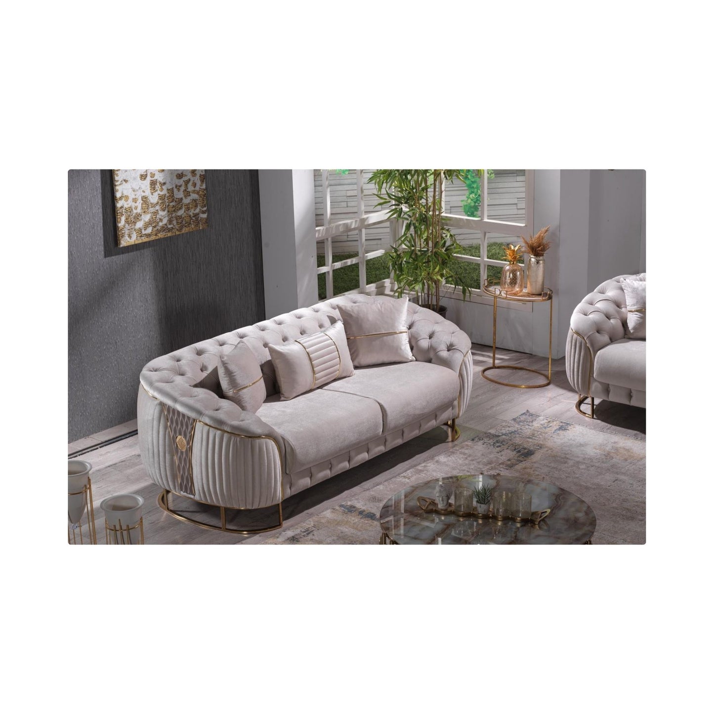 L131 Modern Tufted Cream Livingroom with Gold Legs