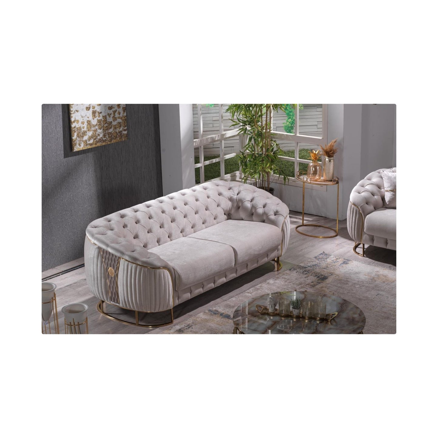 L131 Modern Tufted Cream Livingroom with Gold Legs