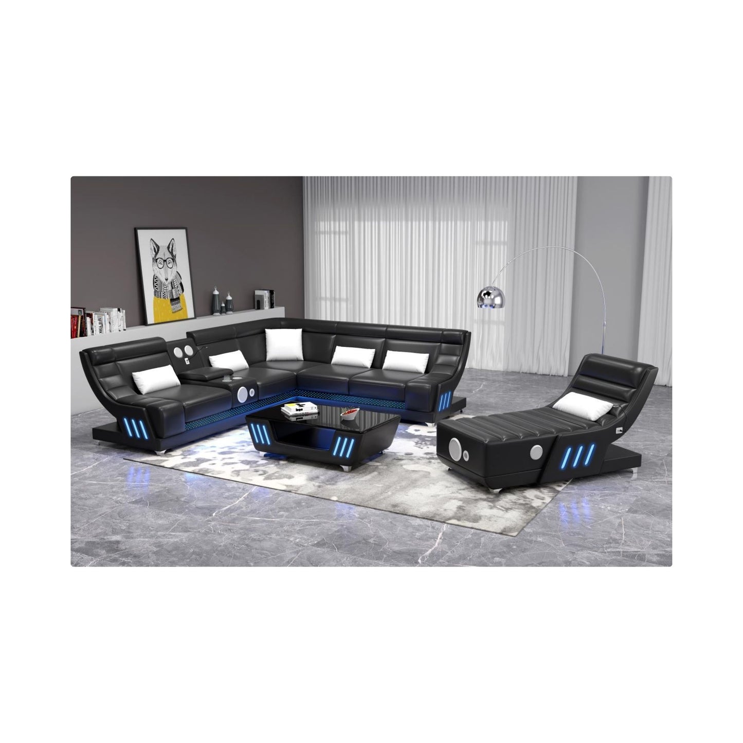 3 PC Sectional with Console, Bluetooth Speaker, Multi Color LED, USB Charger, Reading Light, Cup Holder LED LIGHTS