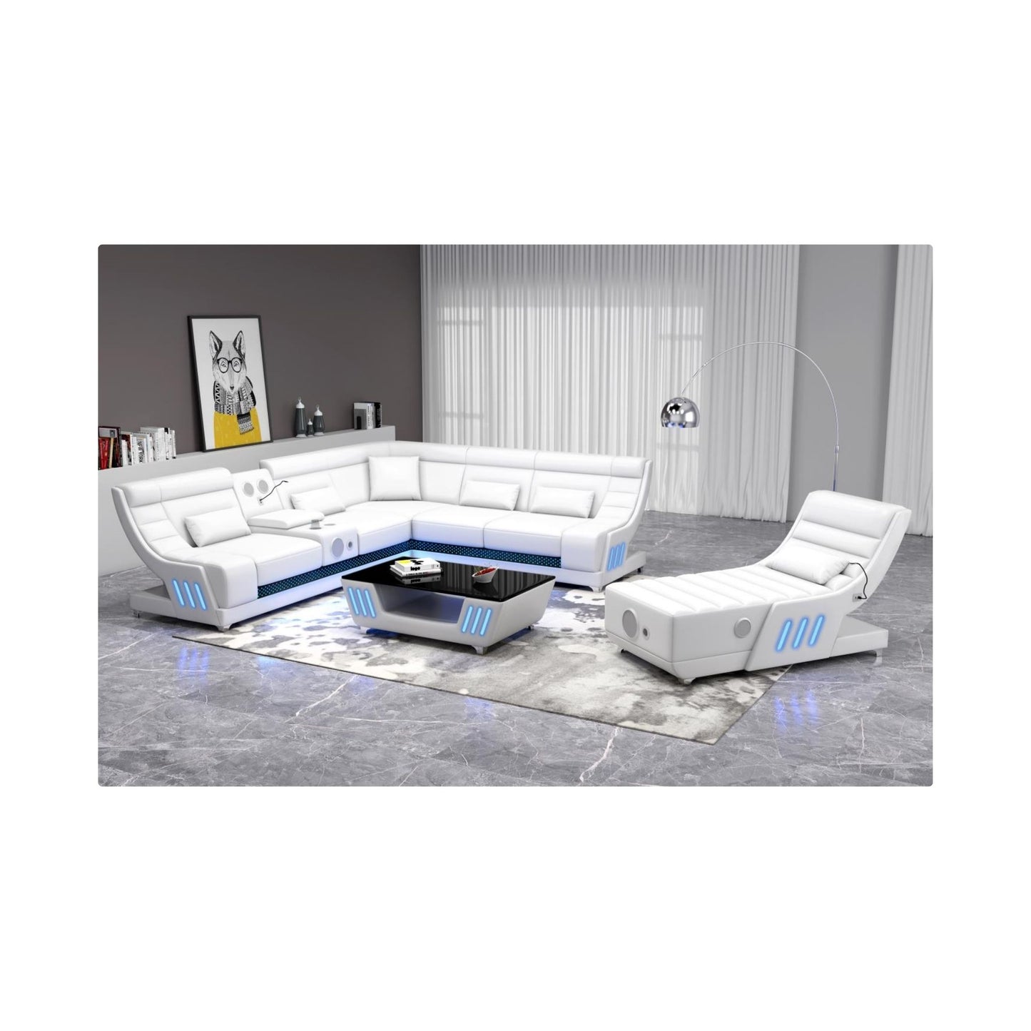 3 PC Sectional with Console, Bluetooth Speaker, Multi Color LED, USB Charger, Reading Light, Cup Holder white
