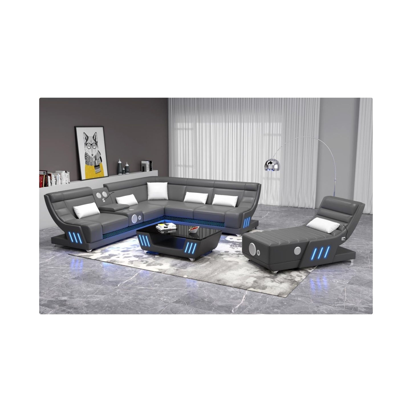 3 grey PC Sectional with Console, Bluetooth Speaker, Multi Color LED, USB Charger, Reading Light, Cup Holder
