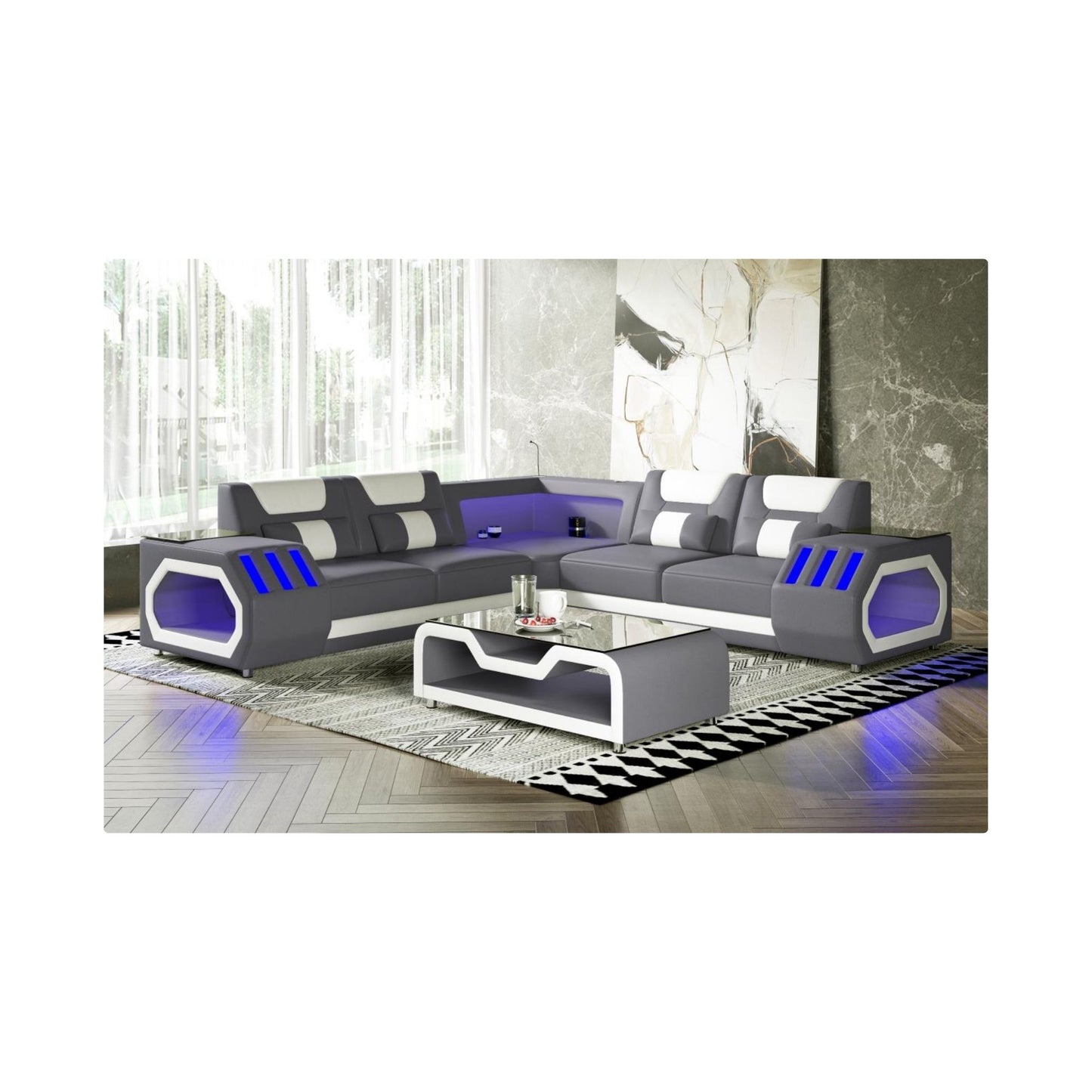 Enchanted - Gray & White 3PC Sectional with Bluetooth Speaker, Reading Light, LED