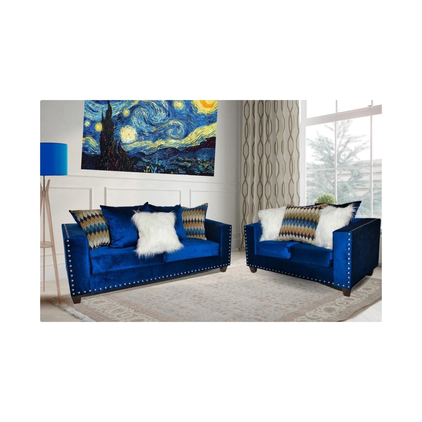 Flux - Blue Velvet Loveseat with Nailhead Trim