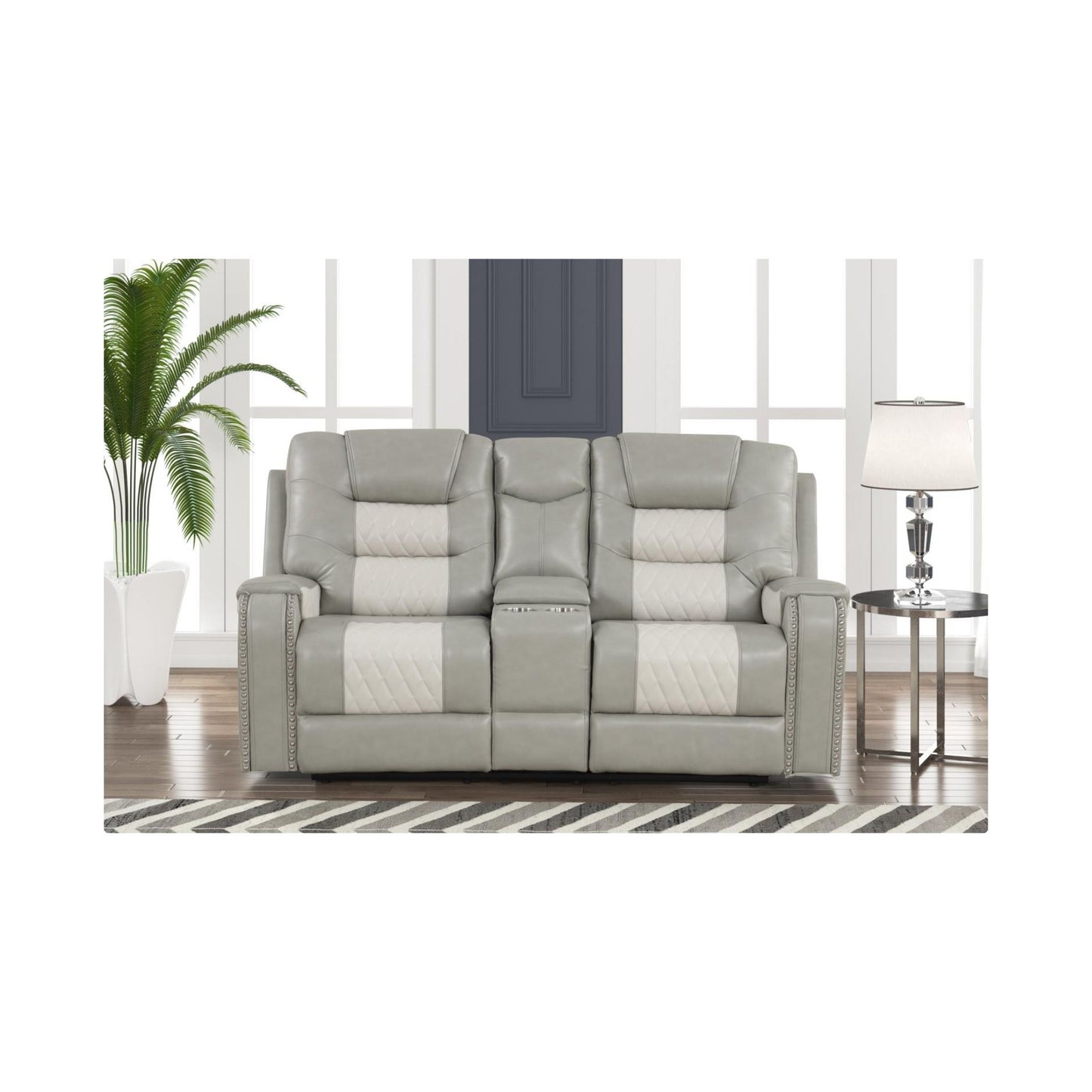 Gray & Ice Manual Recliner Loveseat with Storage Console, Power Source and Cup Holder $