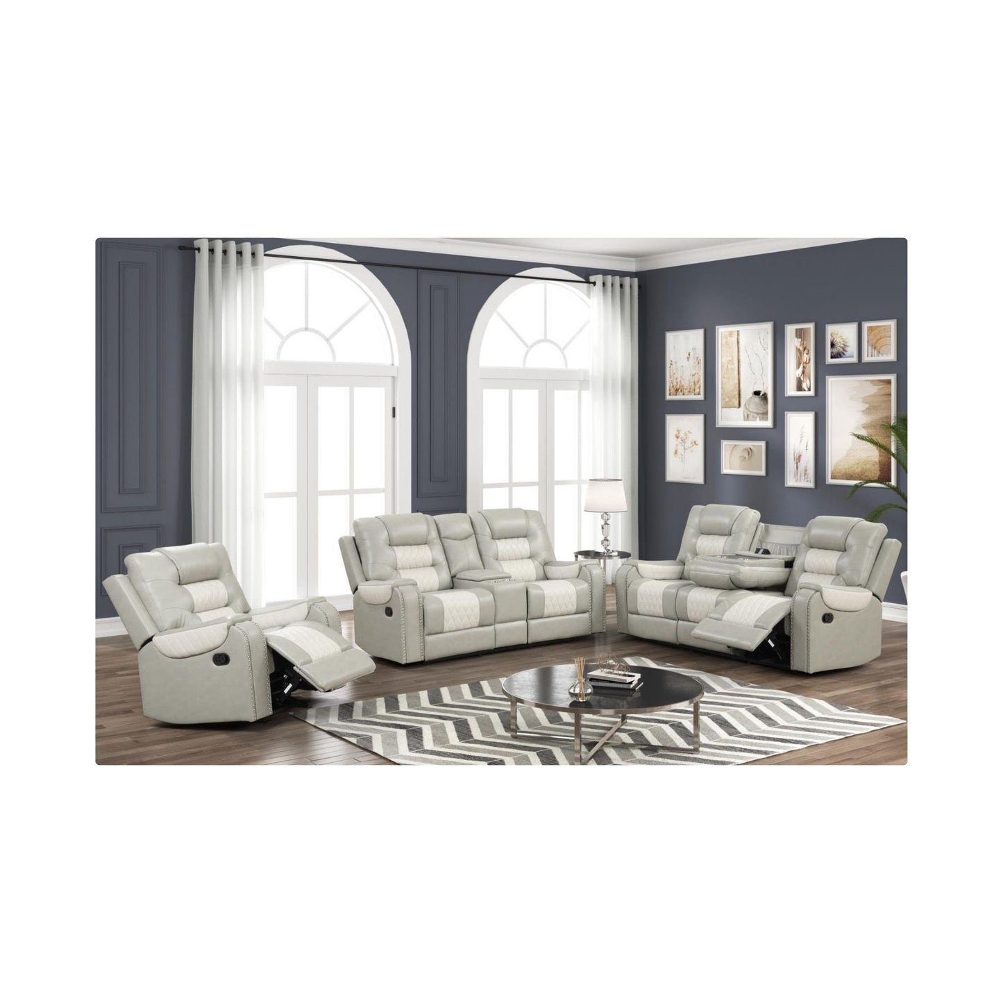Gray & Ice Manual Reclining, Drop-Down Table, Storage Console, Wireless Charger, Power Source, USB Charger and Cup Holder