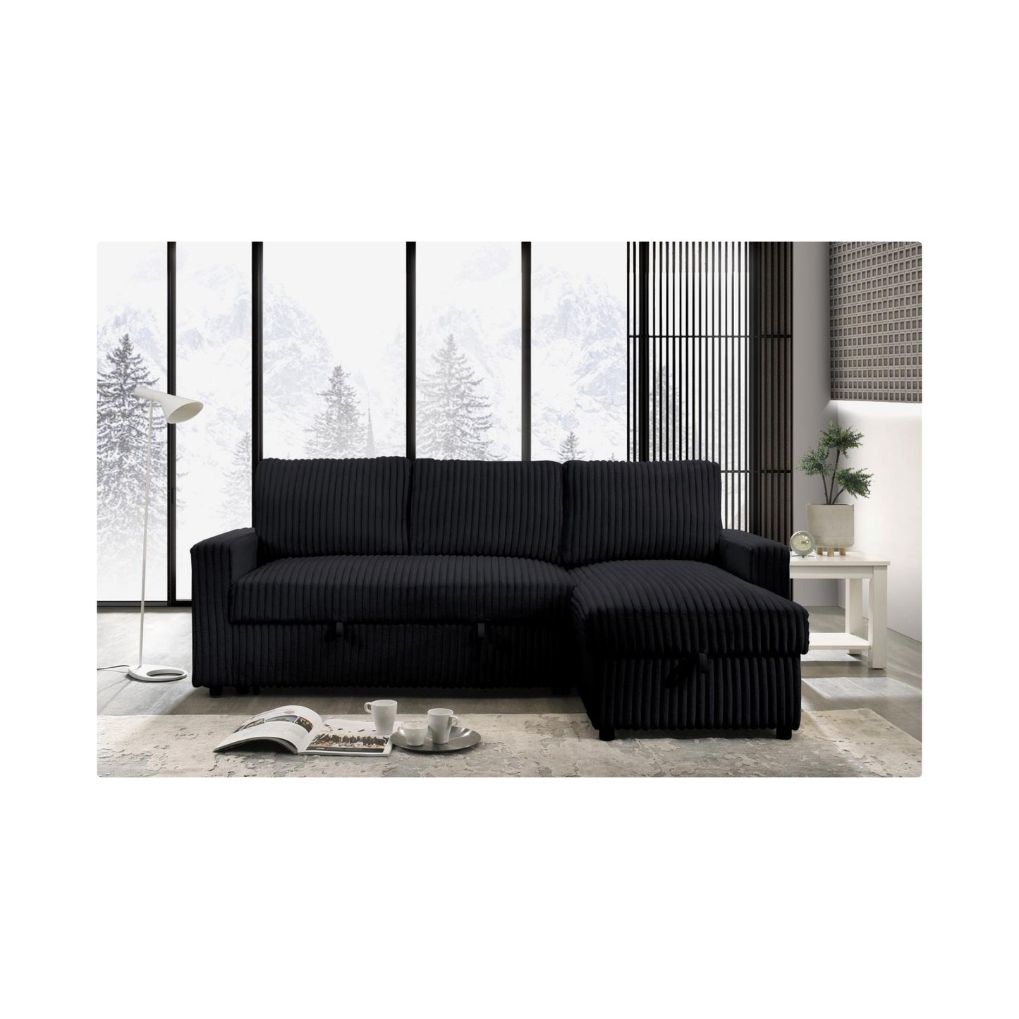 Jayla - Black Reversible Sectional with pull-out bed and storage chaise
