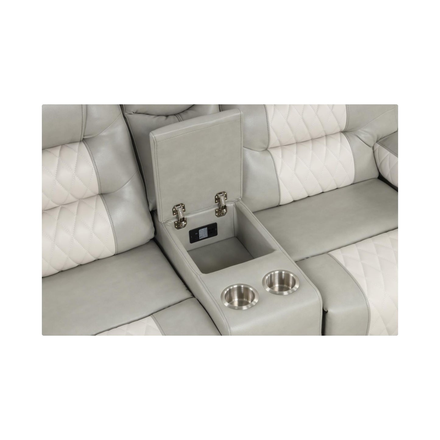 L363_83Loveseat-Gray & Ice Manual Recliner Loveseat with Storage Console, Power Source and Cup Holder console