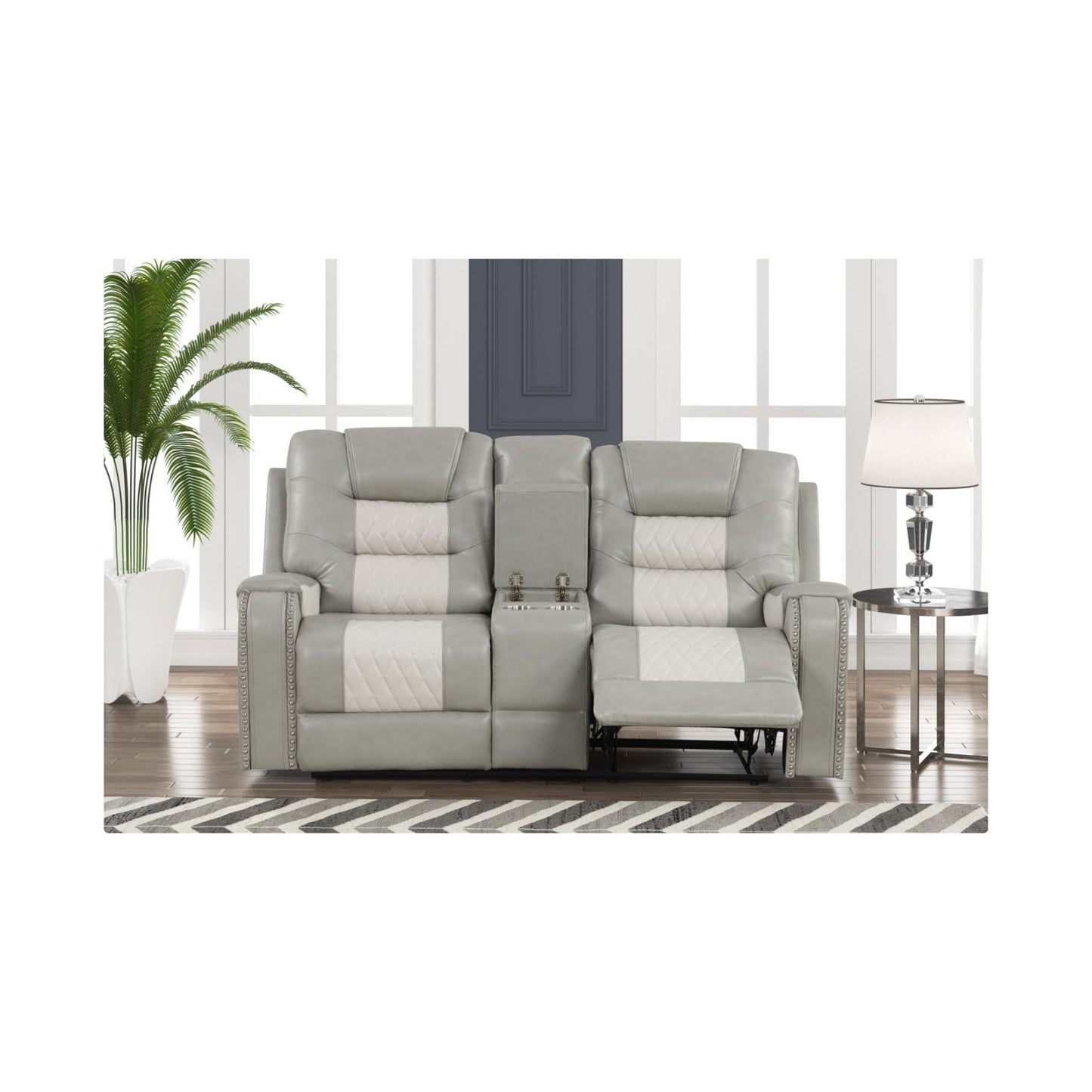 Loveseat-Gray & Ice Manual Recliner Loveseat with Storage Console, Power Source and Cup Holder