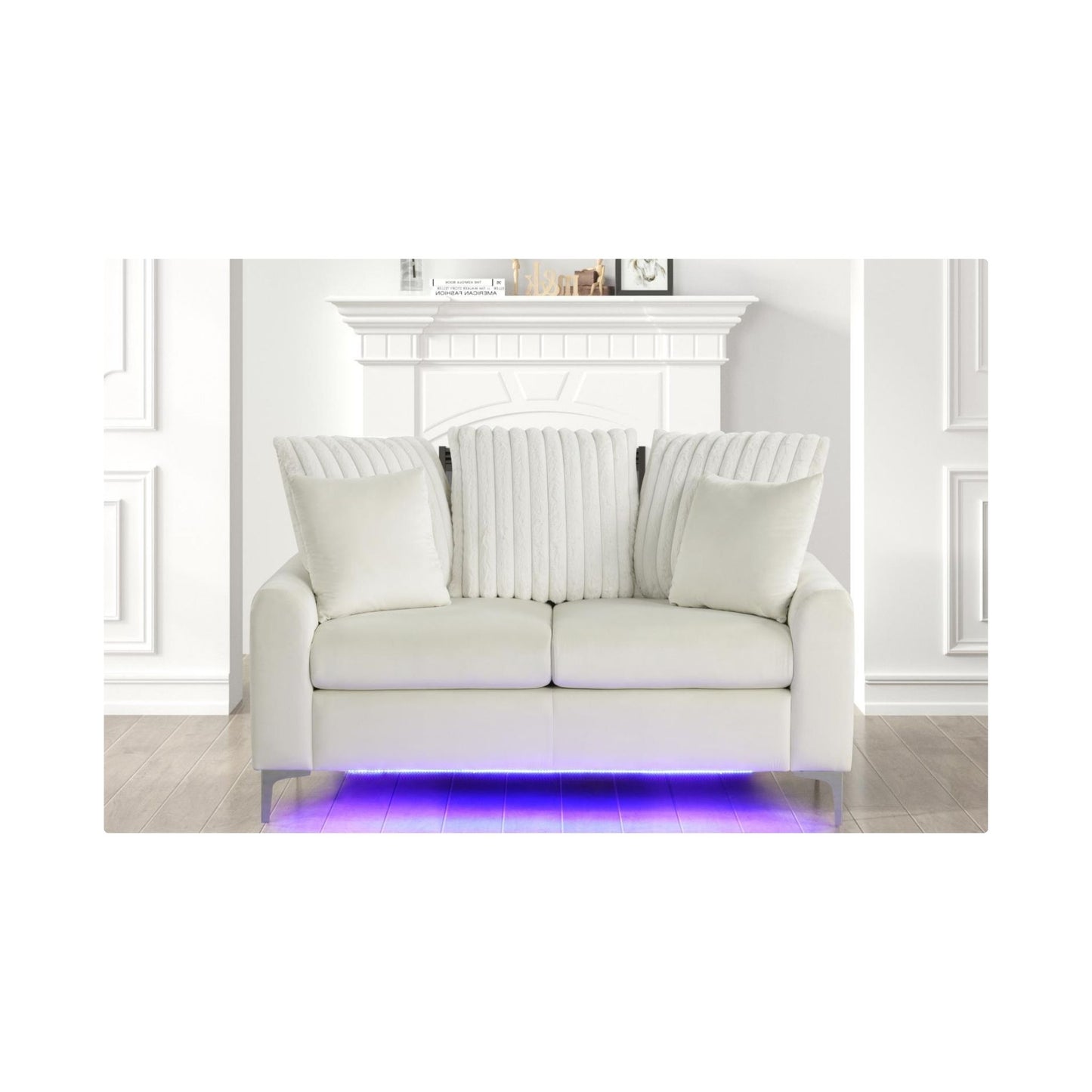 Melina - Beige Fabric Loveseat, Channel Tufted back Pillow, Chrome Legs, LED Light