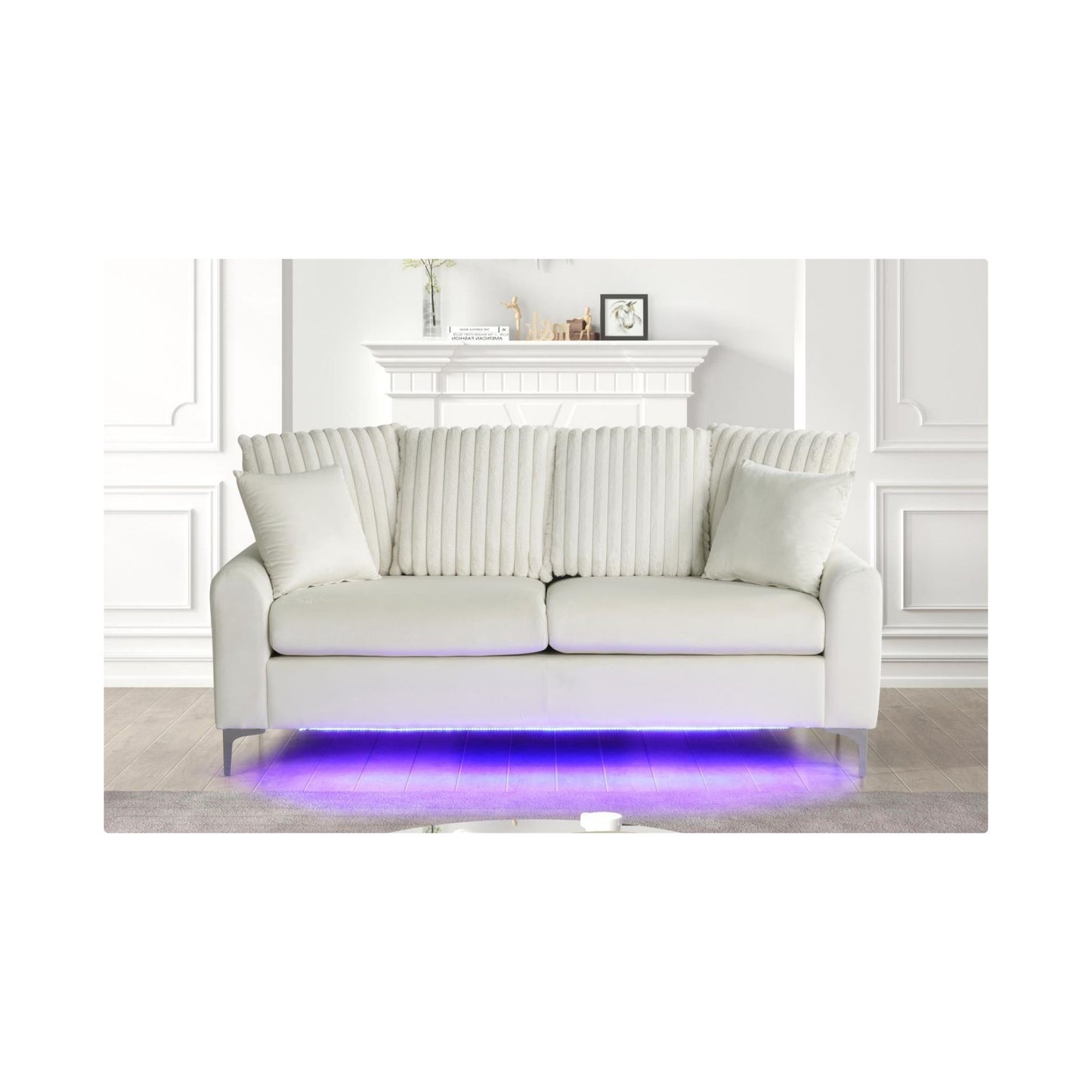 Melina - Beige Fabric Sofa, Channel Tufted back Pillow, Chrome Legs, LED Light