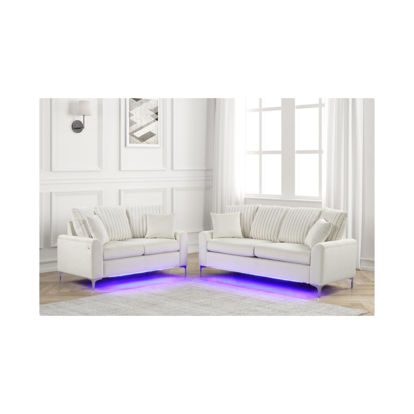 Melina - Beige Fabric Sofa and Loveseat, Channel Tufted back Pillow, Chrome Legs, LED Light