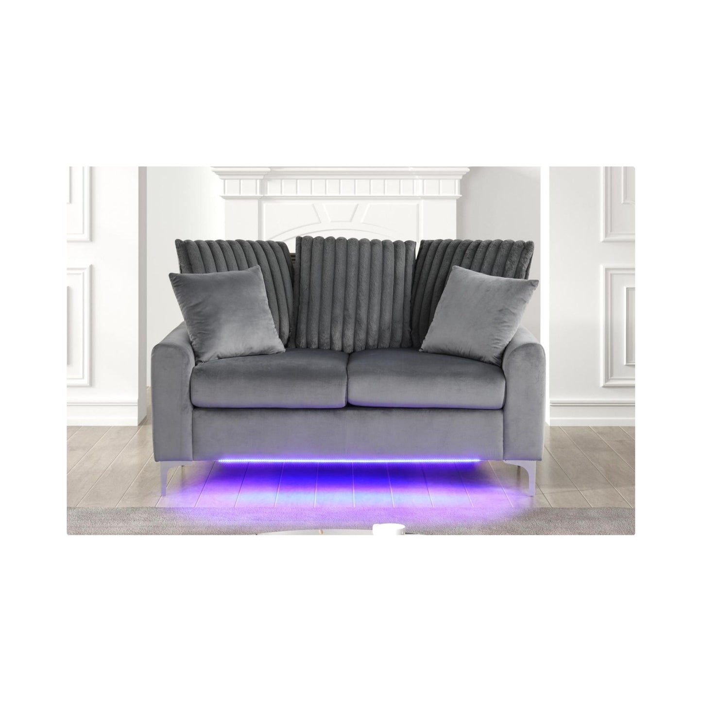 Melina - Gray Fabric Loveseat, Channel Tufted back Pillow, Chrome Legs, LED Light
