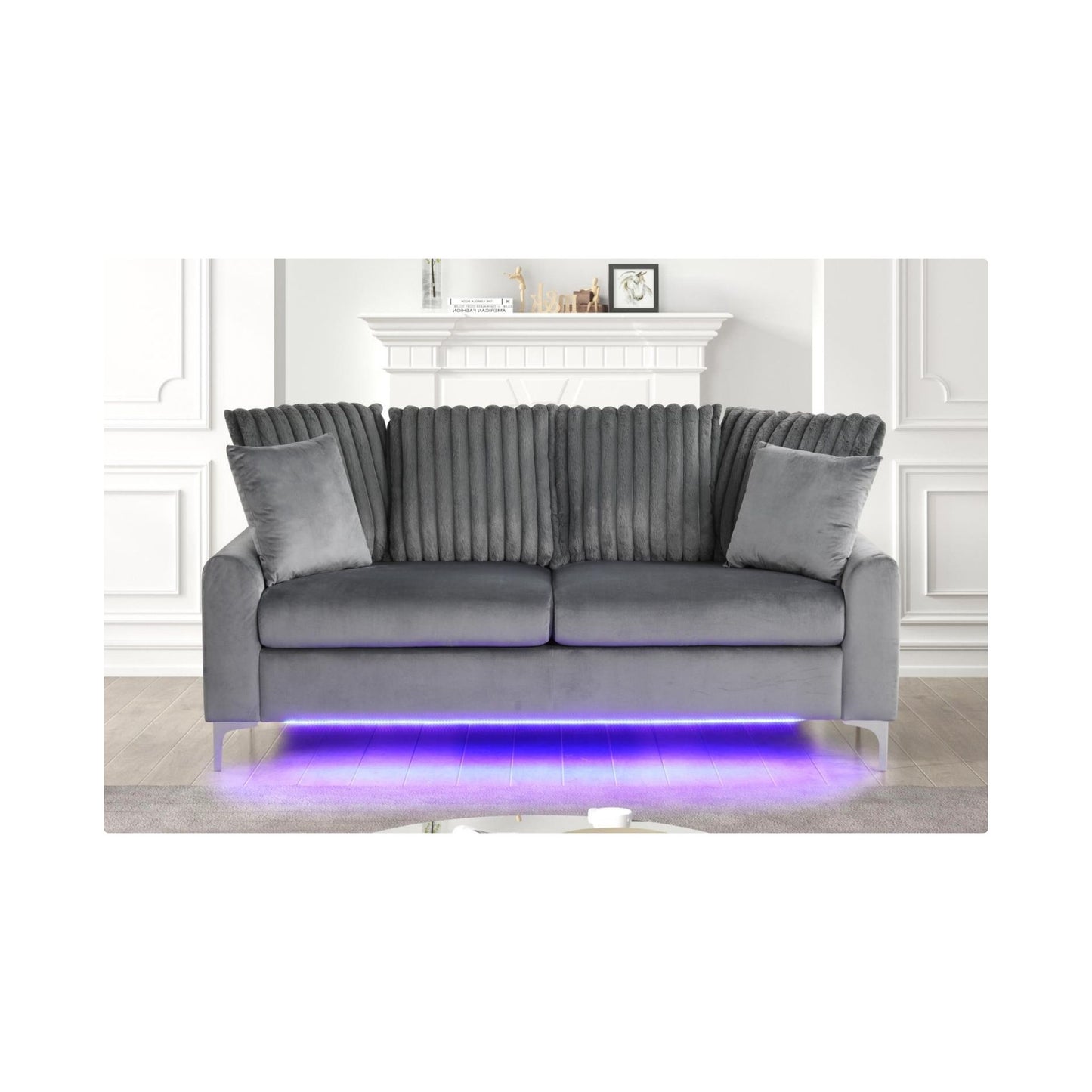 Melina - Gray Fabric Sofa, Channel Tufted back Pillow, Chrome Legs, LED Light
