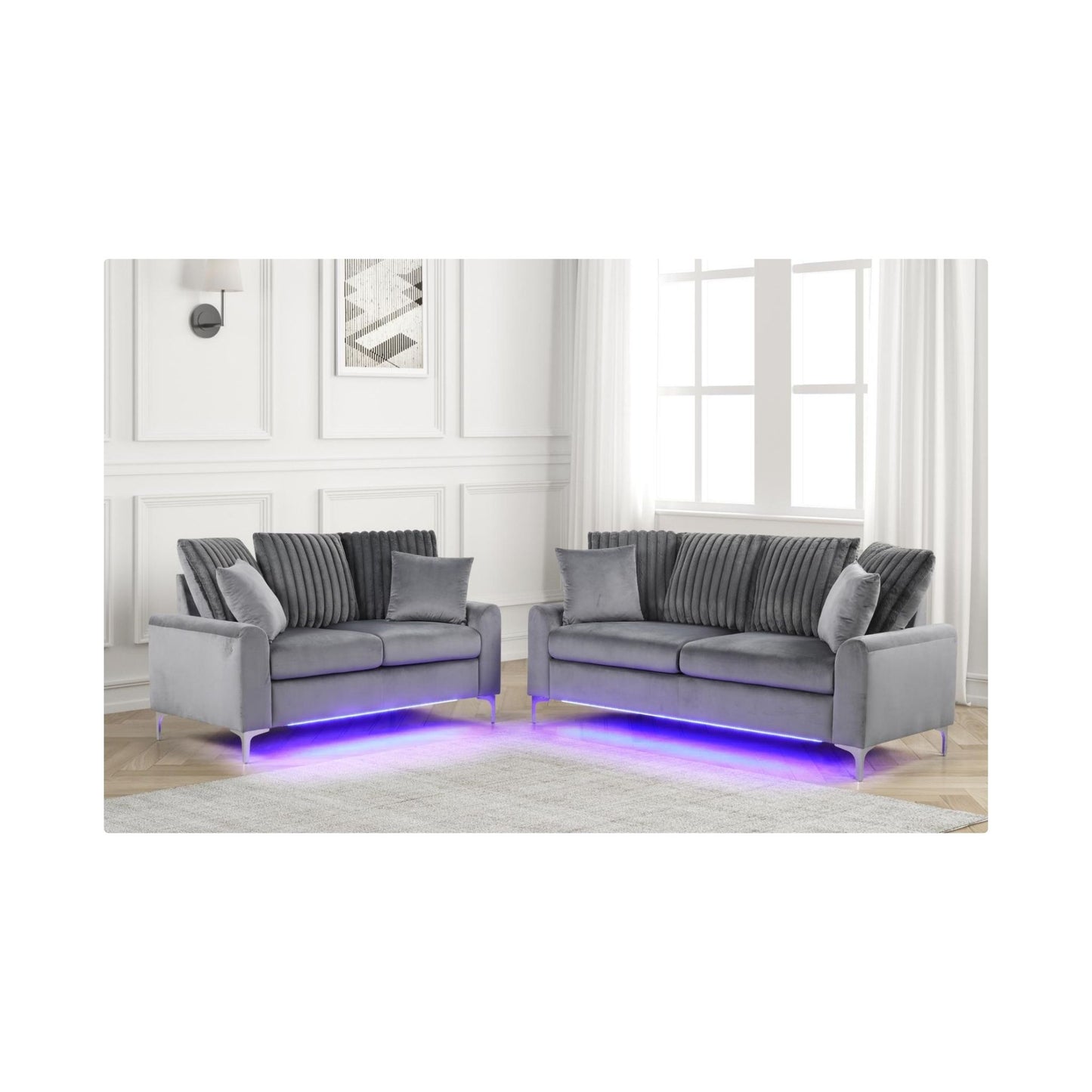 Melina - Gray Fabric Sofa and Loveseat, Channel Tufted back Pillow, Chrome Legs, LED Light