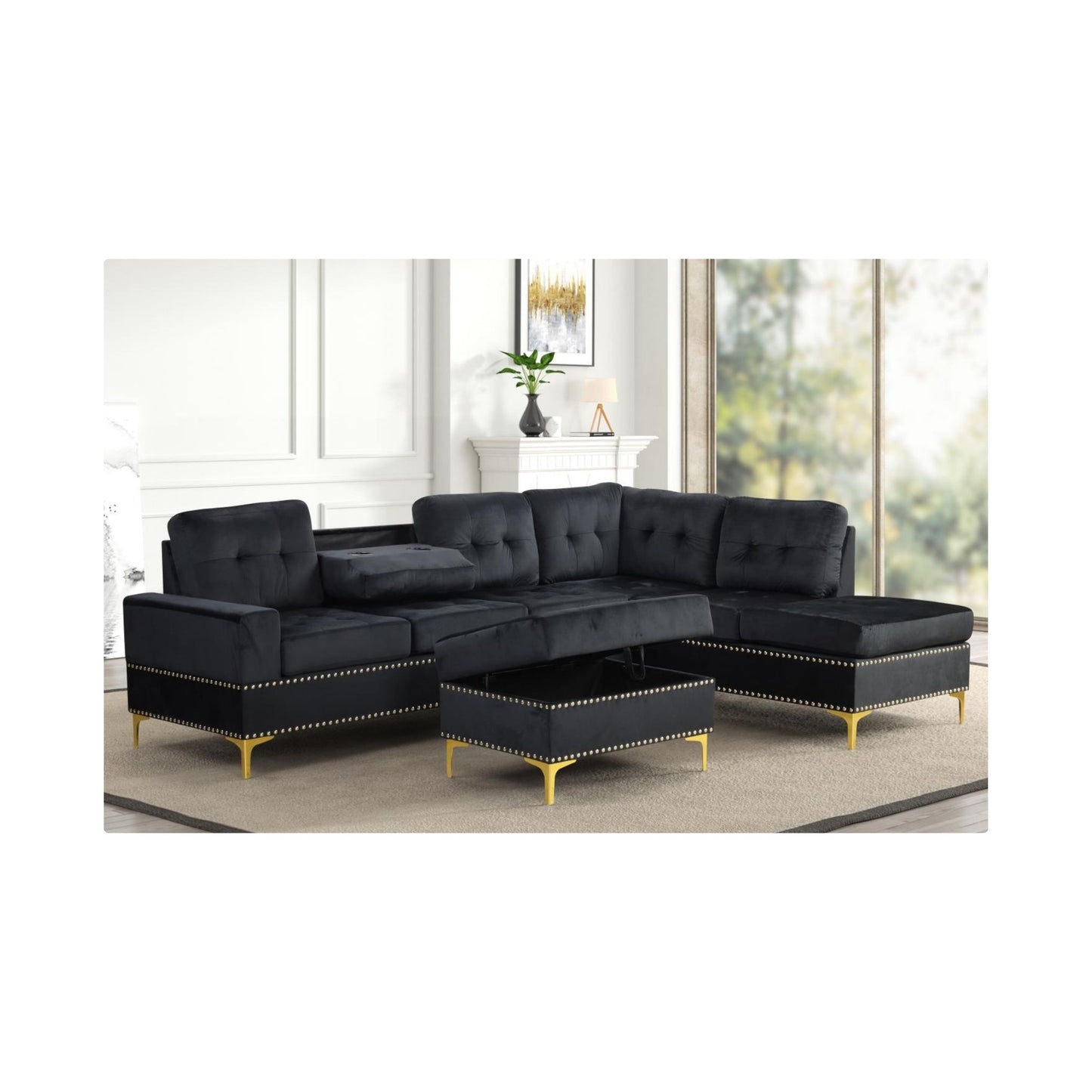Naples - 2 PC Black Velvet Sectional with Drop Down Table, Cup Holder and Storage Ottoman with Gold Legs