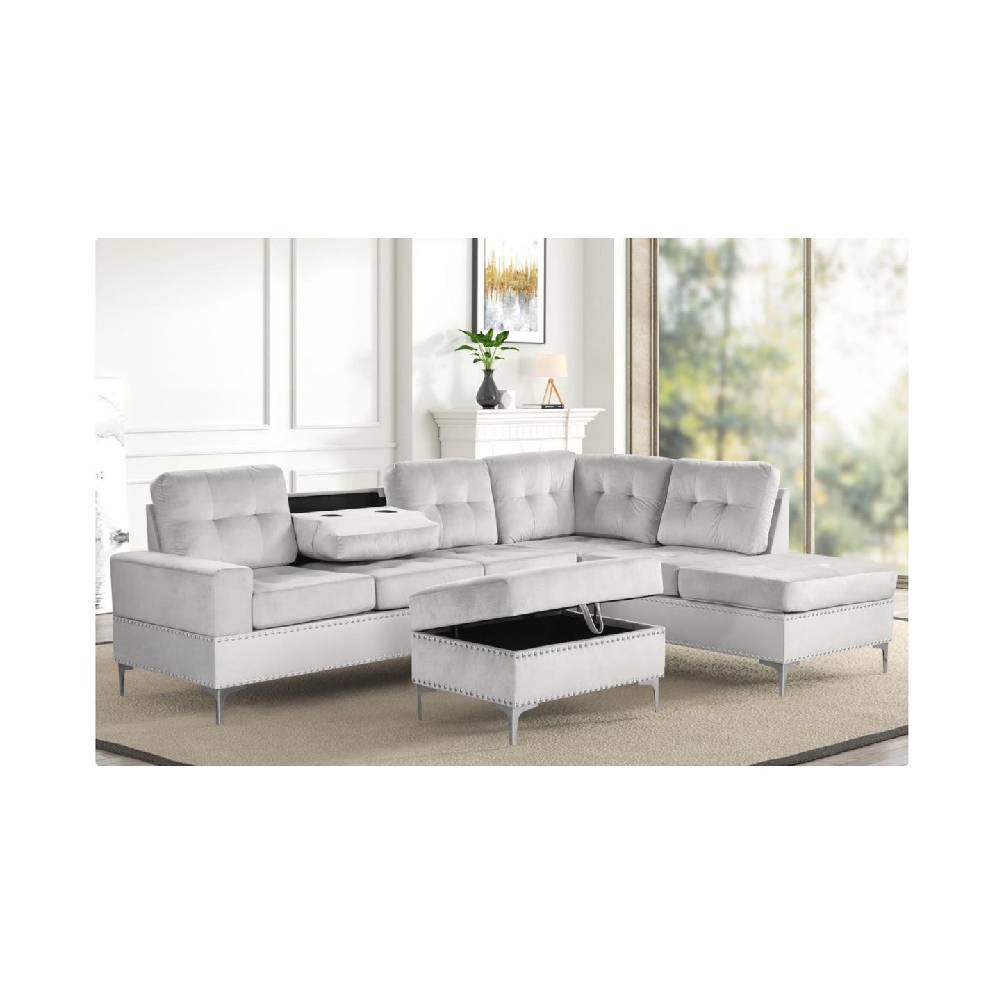 Naples - 2 PC Silver Velvet Sectional with Drop Down Table, Cup Holder and Storage Ottoman with Chrome Legs