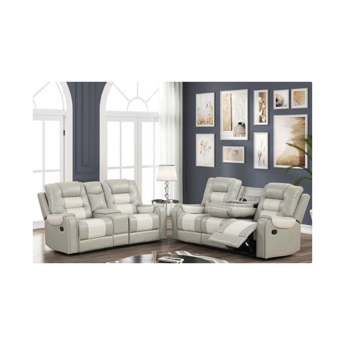 Sofa-Gray & Ice Manual Recliner Sofa with Drop-Down Table, Wireless Charger, Power Source, USB Charger and Cup Holder