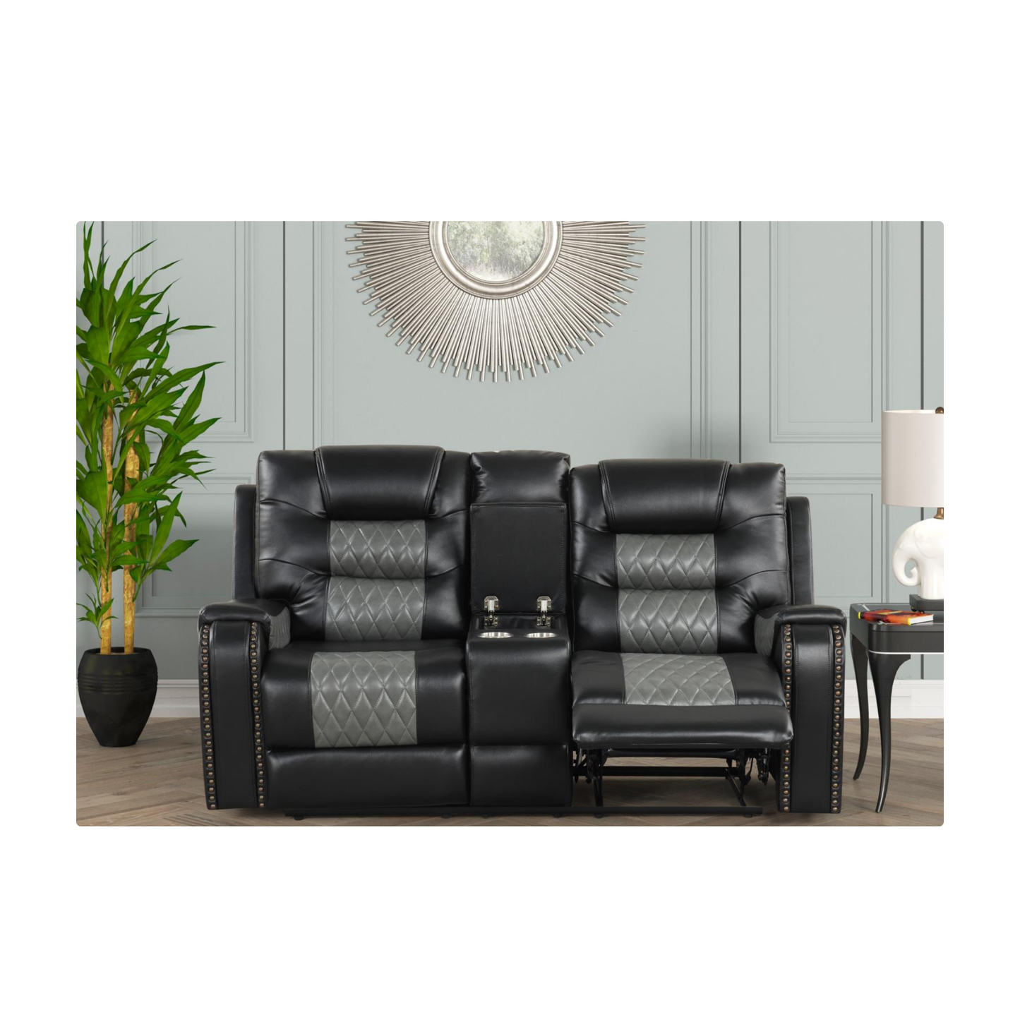 2 tone grey love seat with cupholders