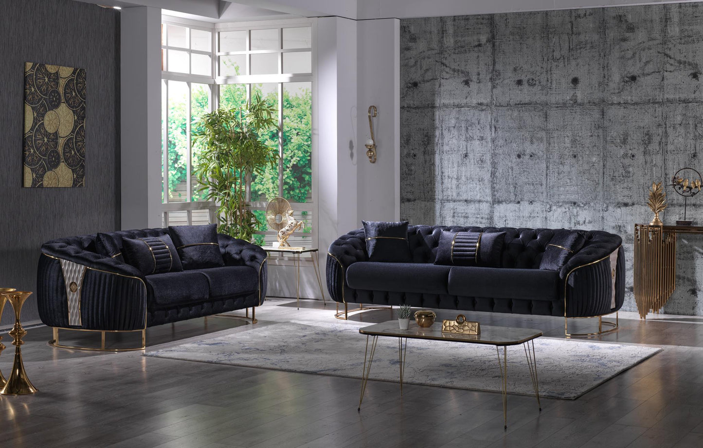 L130 Modern Tufted Black Livingroom with Gold Legs (Sofa & Loveseat)