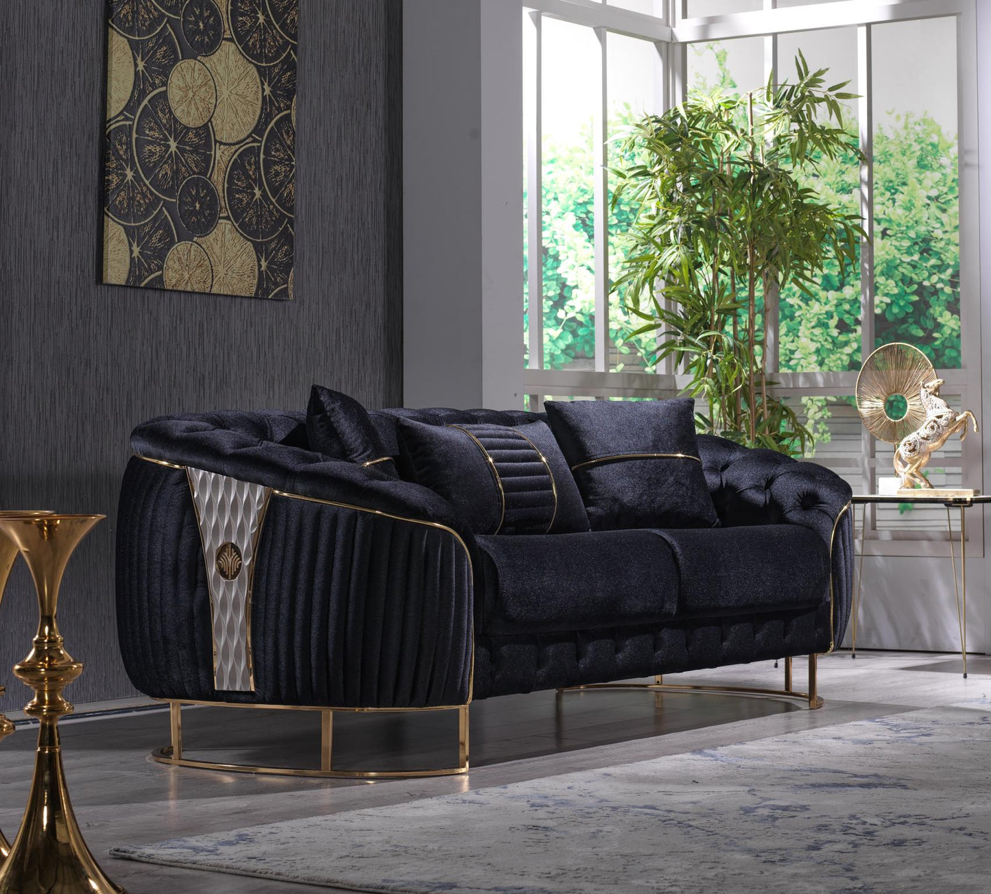 L130 Modern Tufted Black Livingroom with Gold Legs (Sofa & Loveseat)