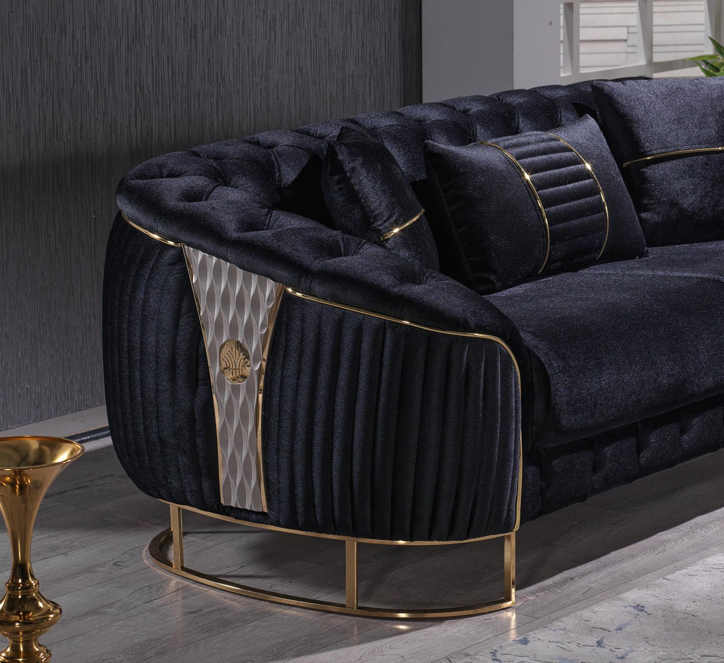 L130 Modern Tufted Black Livingroom with Gold Legs (Sofa & Loveseat)