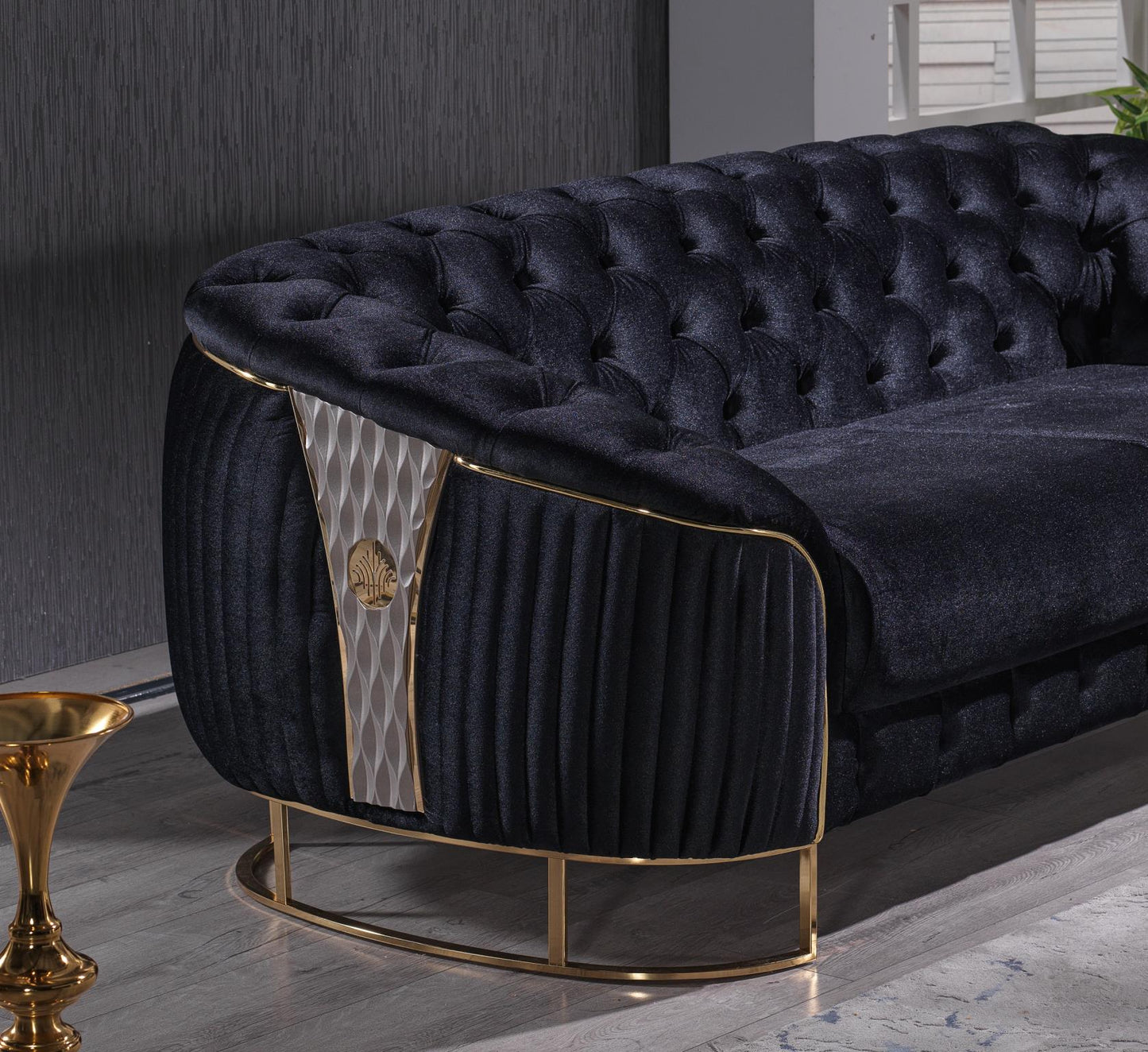 L130 Modern Tufted Black Livingroom with Gold Legs (Sofa & Loveseat)