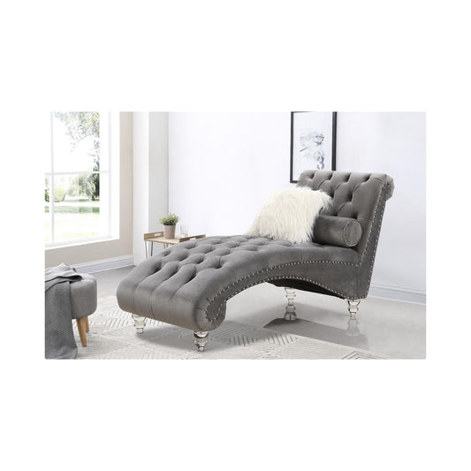Posh - Gray Velvet Chaise with Nailhead Trim and Acrylic Crystal Legs