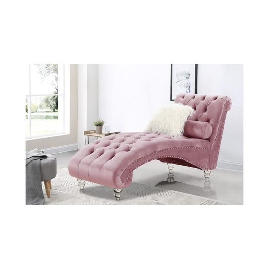 	Posh - Pink Velvet Chaise with Nailhead Trim and Acrylic Crystal Legs