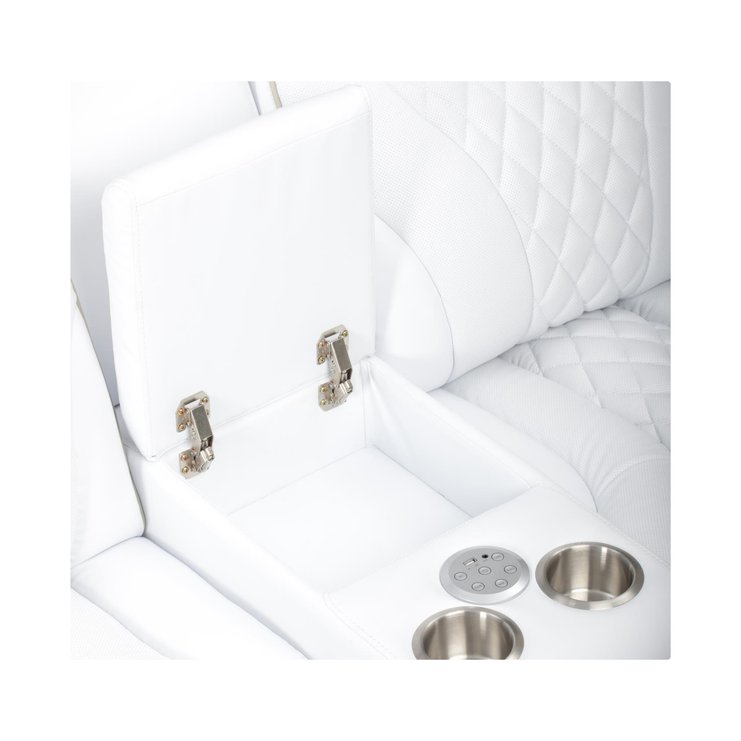 white loveseat with console and usb